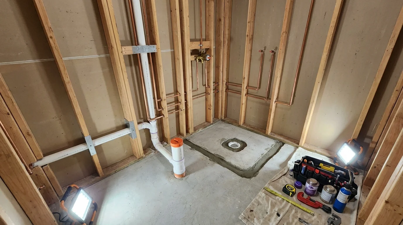 Bathroom rough-in plumbing during remodel by Johns Plumbing LLC in York Beach