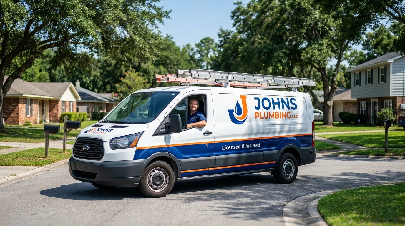 Johns Plumbing LLC service van in York Beach, ME