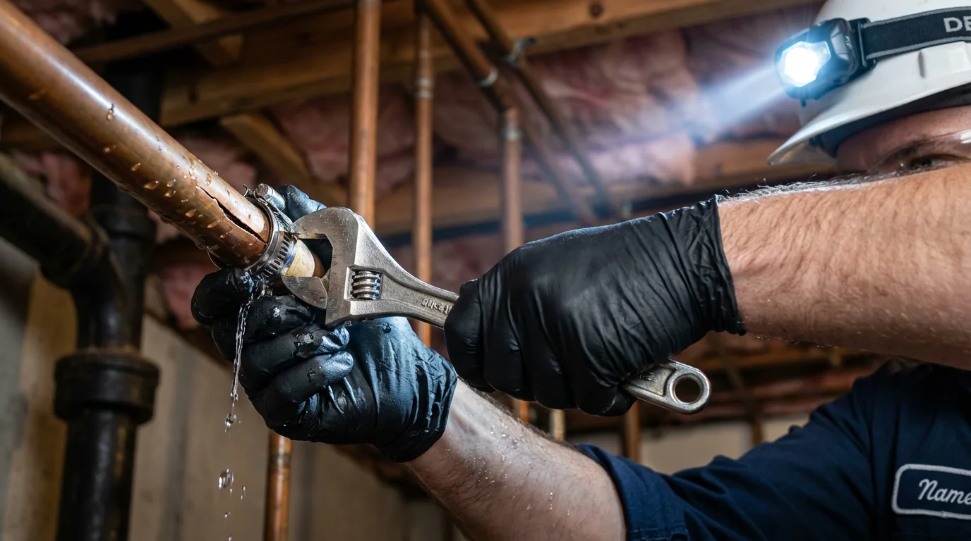 Emergency pipe clamp repair being performed by a Johns Plumbing LLC plumber in York Beach
