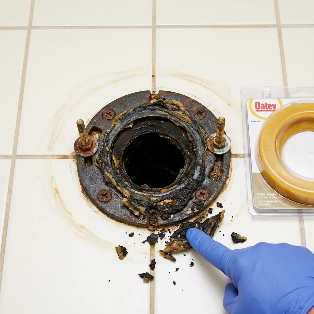 Failed wax ring showing water seepage at the base of a toilet in a York Beach, ME home